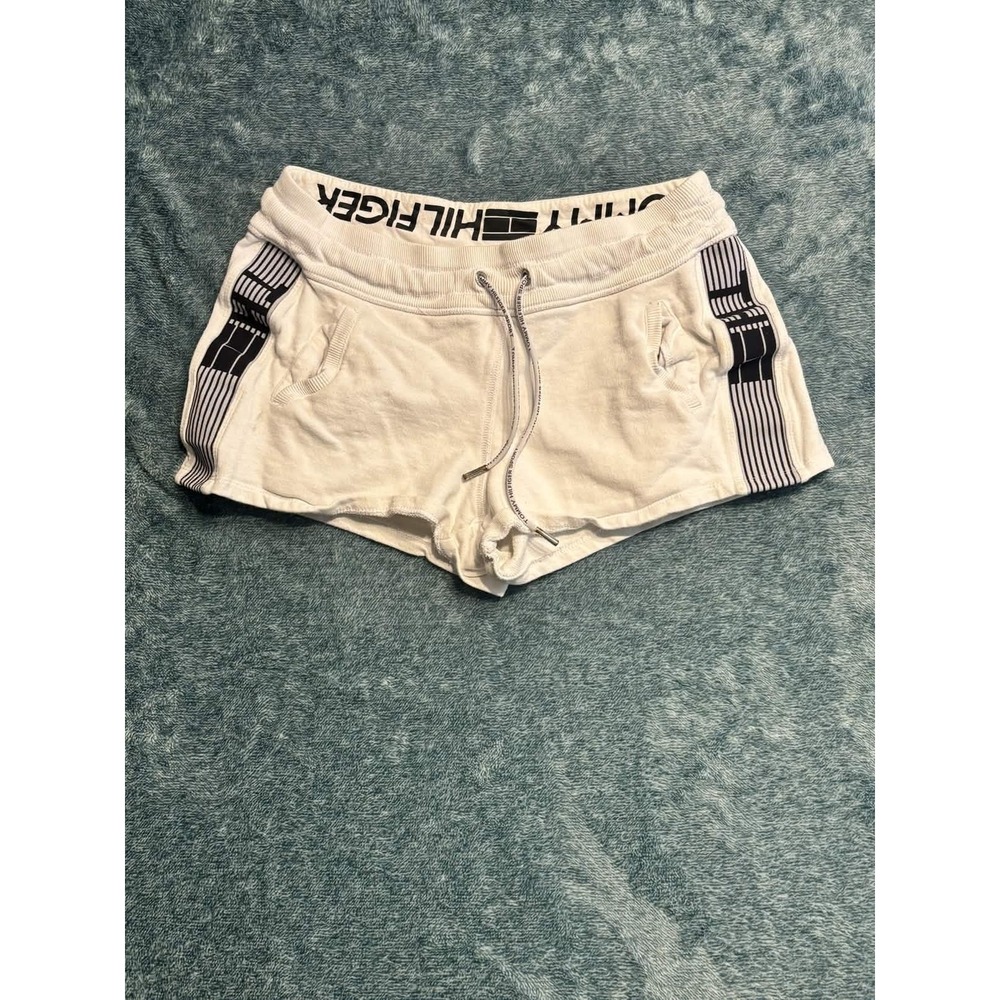 Tommy Hilfiger Sport Womens White Cotton Sweat Shorts Size Large Logo Stripe